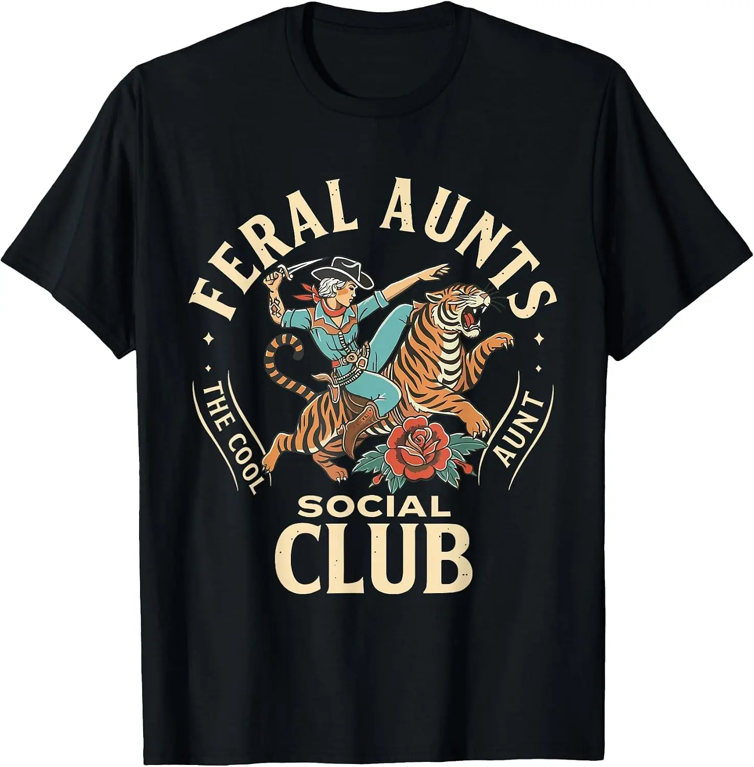 Feral Aunts Social Club Western Cowgirl Riding Tiger Auntie T-Shirt Unisex Vintage Graphic Print T‑Shirt Retro Aesthetic Crew Neck Short Sleeve Soft Cotton Tee Casual Streetwear Tops Men.Unisex Holiday Festive Graphic Tee Party