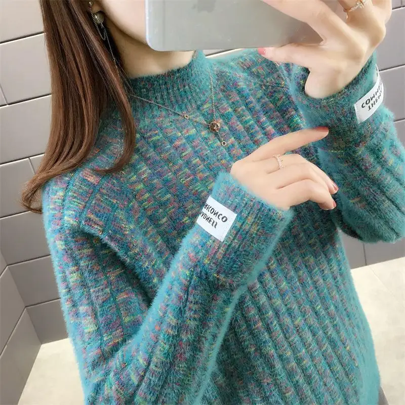 

Fashion New Women's Imitation Mink Cashmere Sweater Autumn and Winter Ladies Thickened Warm Sweater Female Knitted Base Shirt