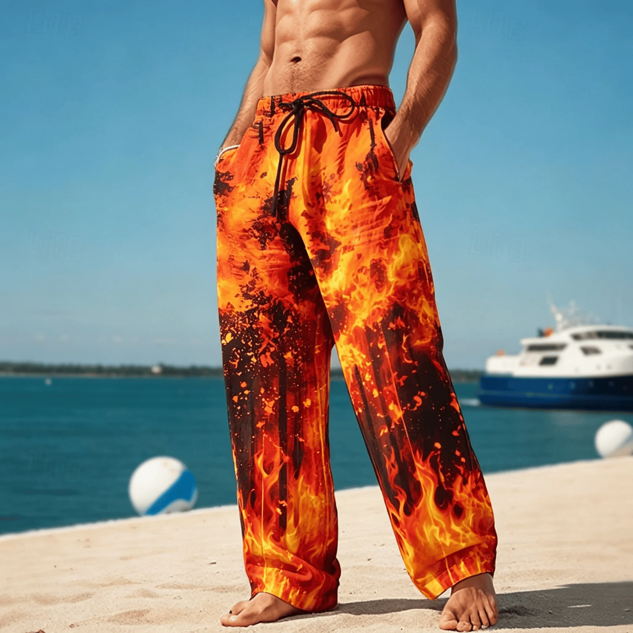 

Men's Full Flame Print Drawstring Wide Leg Pants, Cool Psychedelic Straight Pants for Spring & Summer