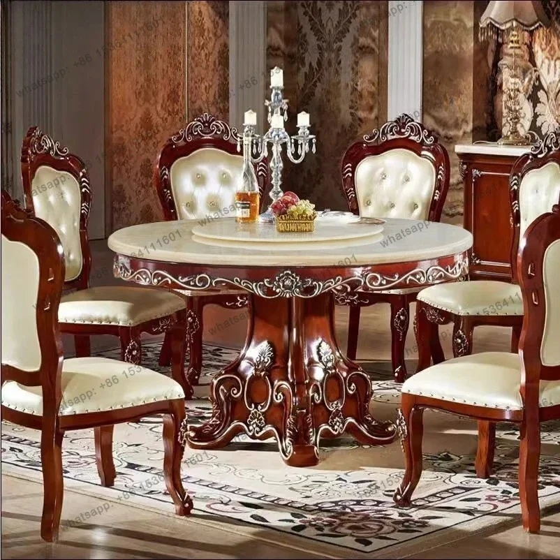yj7 European round table, American hotel villa restaurant with turntable round table solid wood carving flower marble