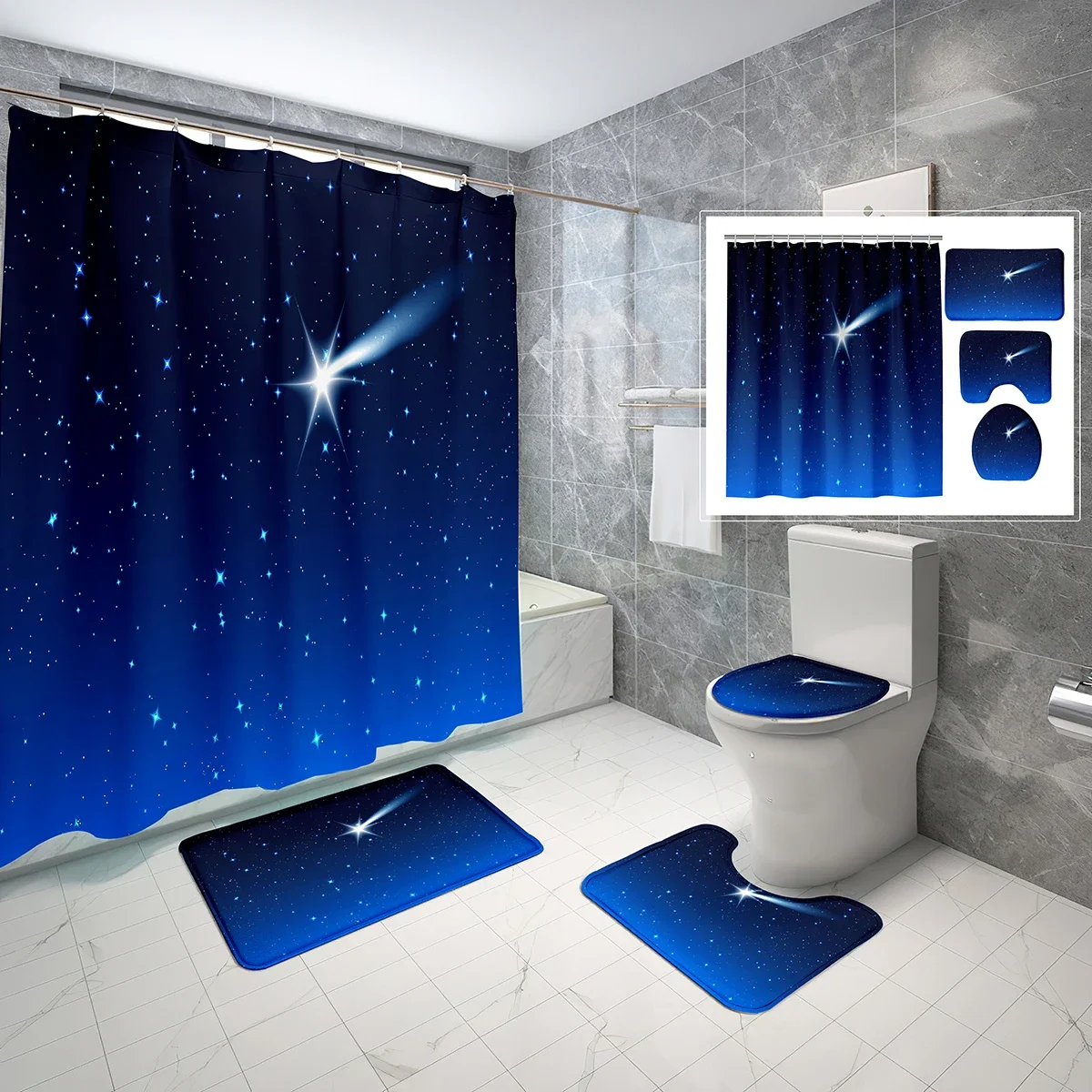 4 Pcs Star Theme Shower Curtain Sets Space Nebula Universe Planet Non-Slip Bath Mat Toilet Cover Waterproof Shower Curtain Set