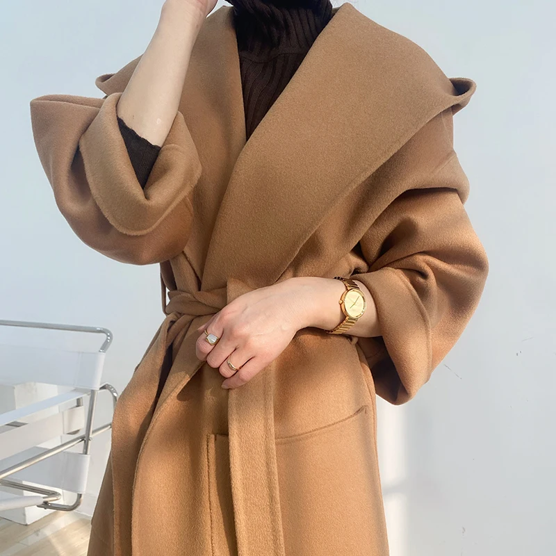 Ladies' Casual Double-Sided 100% Wool Coat Long Korean Loose Cardigan Hooded Collar Pocket Belt Jacket