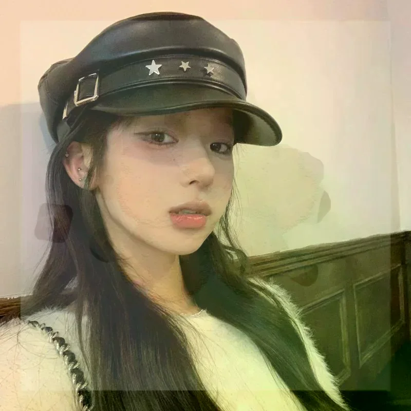 Y2K Harajuku Beret Retro Rivet Beret Girl Gothic Lolita Black Leather Dark Face Exposed Flat Top Newspaper Hat