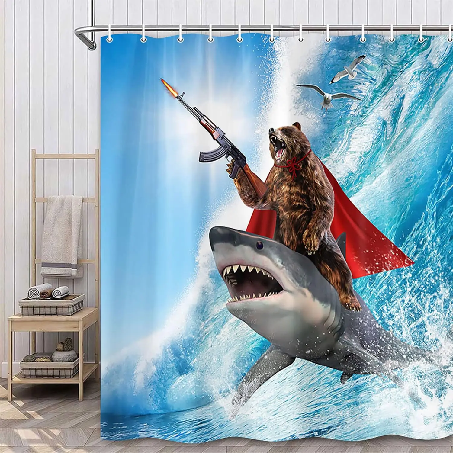 Funny Bear Shower Curtain, Cute Funcy Amusing Bear Riding Shark on Sea Ocean Shower Curtain Set, Blue Nautical Humorous Animal