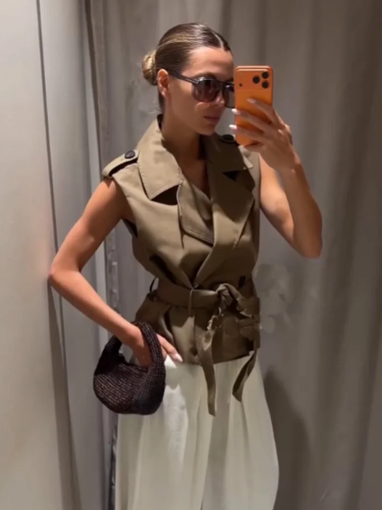 

HH Women's Summer Fashion Retro Double-Breasted Shoulder Padded Vest Female Temperament Lapel Versatile Waist Tie Sleeveless Top