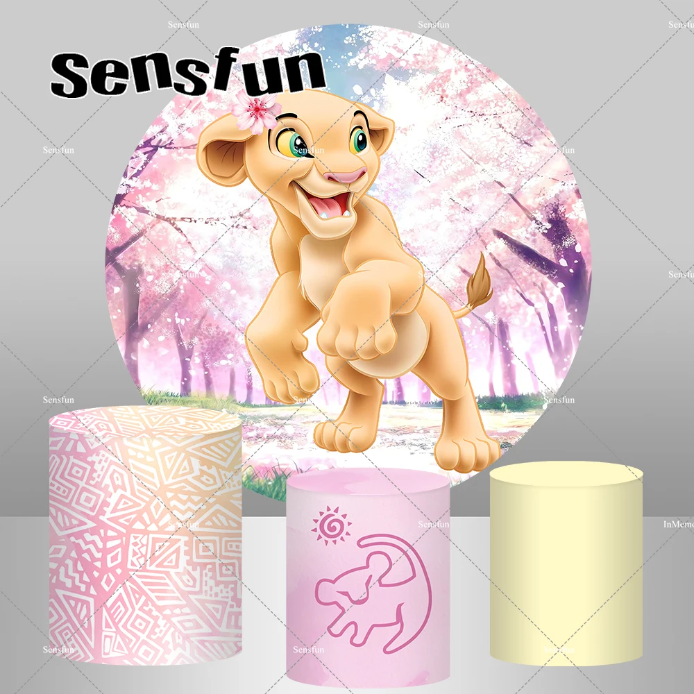 Pink Flower Tree Cartoon Lion King Theme Round Backdrop Cover for Girls Birthday Party Backgrounds Plinth Covers Supplier