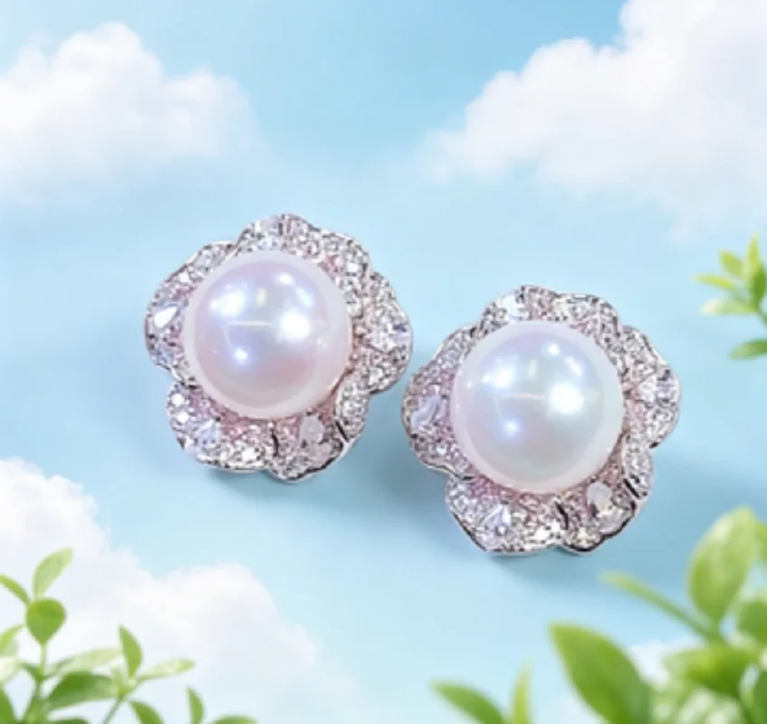 

Exquisite sparkling pearl AAAA10-11mm natural Japanese round pearl zircon inlaid earrings 925s