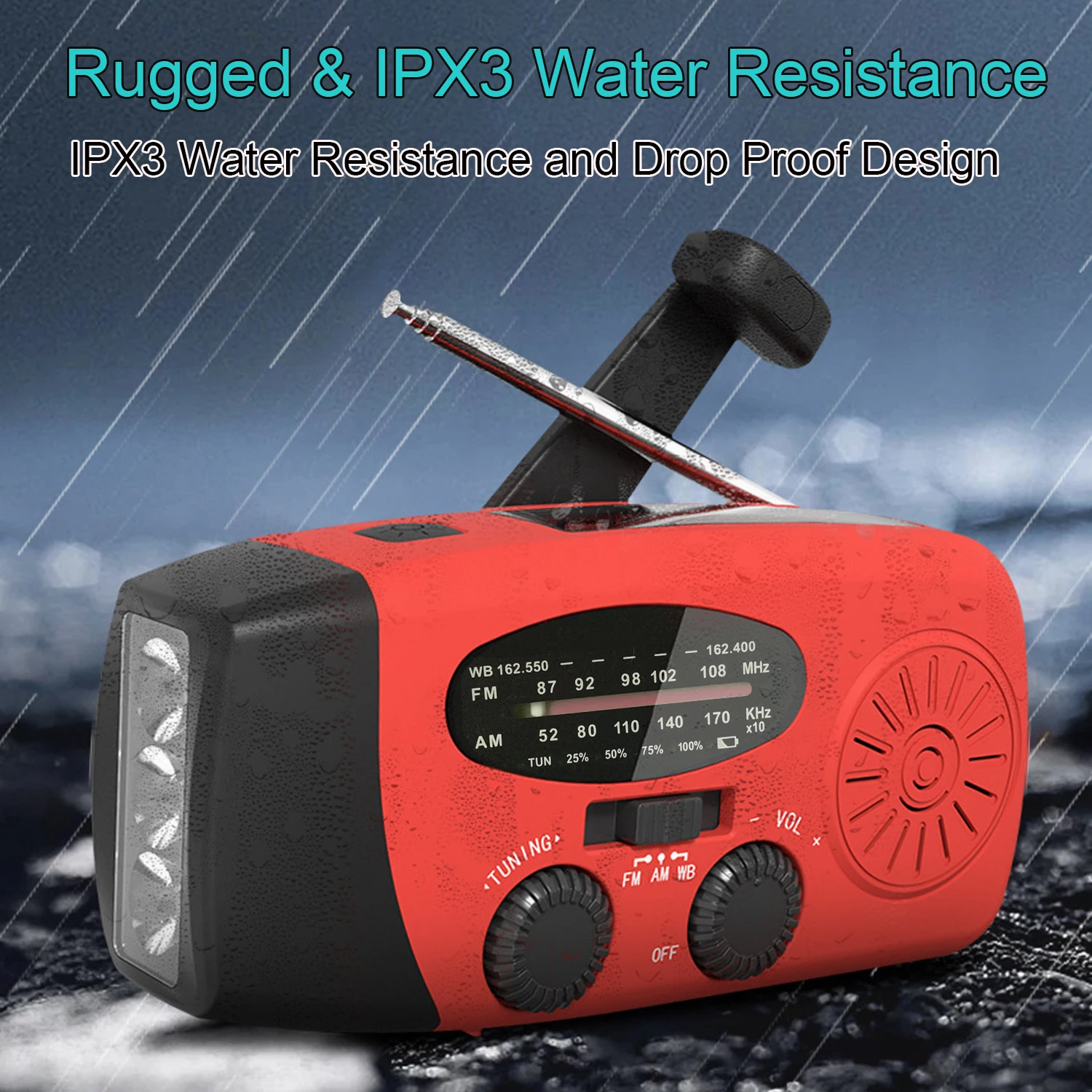 راديو كرنك اليد المحمول، راديو الطقس في حالات الطوارئ، يعمل بالطاقة الشمسية AM/FM NOAA، إنذار SOS، مصباح يدوي 2000 مللي أمبير في الساعة بنك طاقة قابل لإعادة الشحن #4