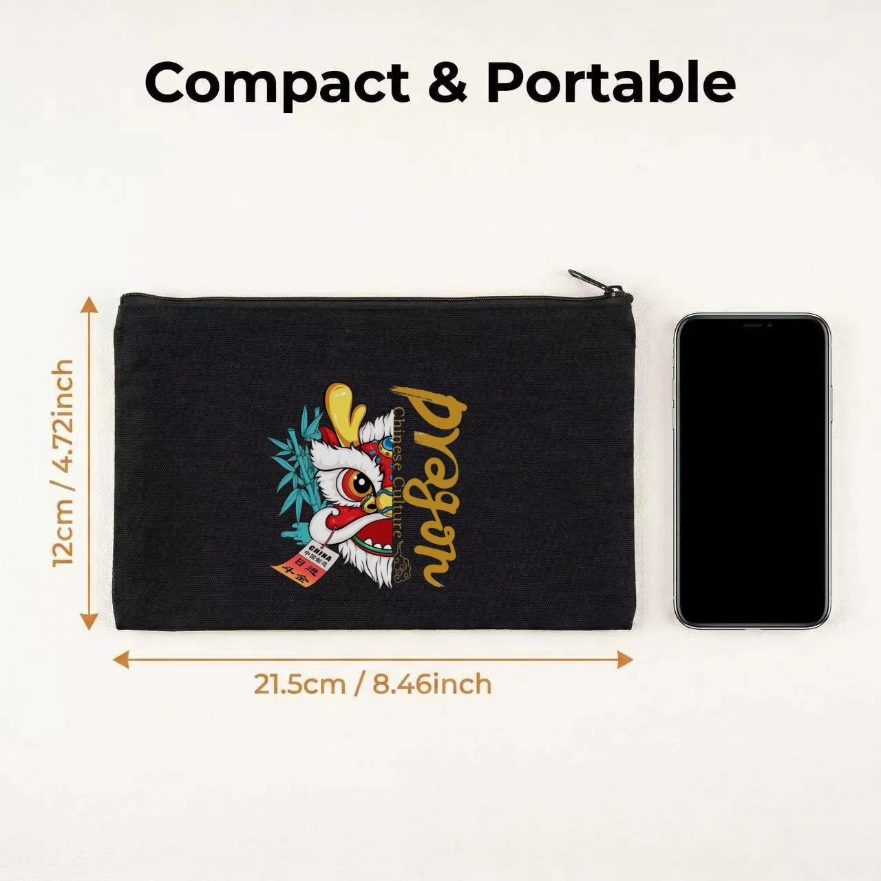 1PC Chinese Traditional Lion Dragon Head Bamboo Dragon Letter Canvas Cosmetic Bag Double Sided Portable Zipper Pouch