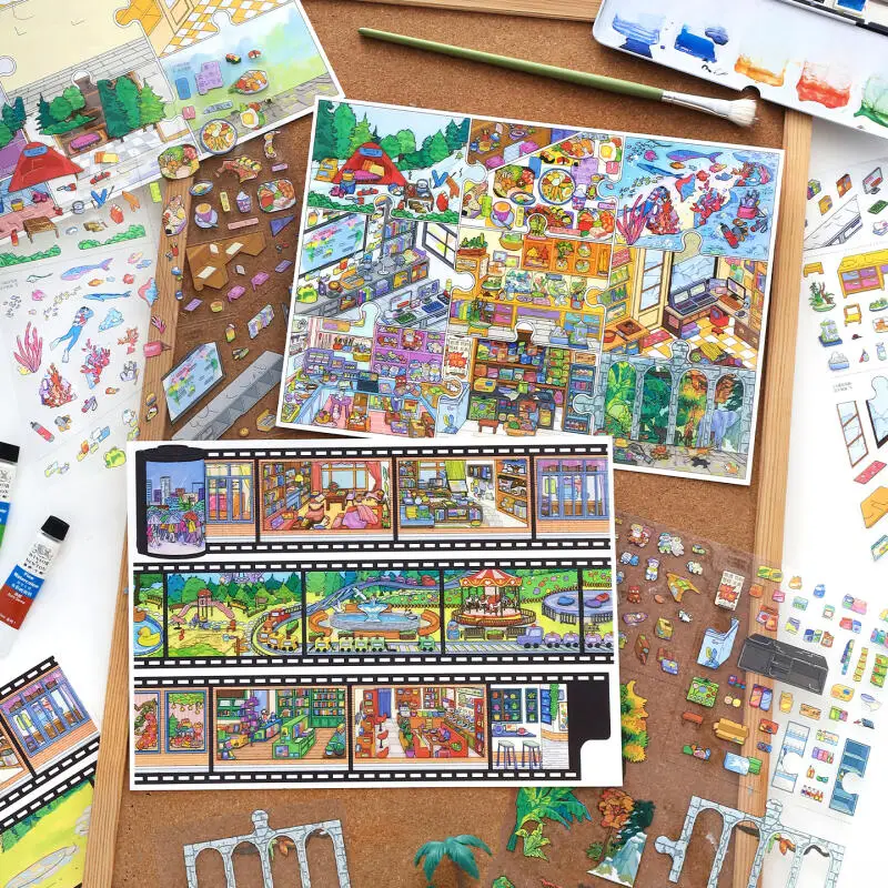 

Card Lover 4 Pcs [Puzzle Life Series] 3D Waterproof Landscape Stickers Oversized City Walk Park Play for Journal Scrapbook