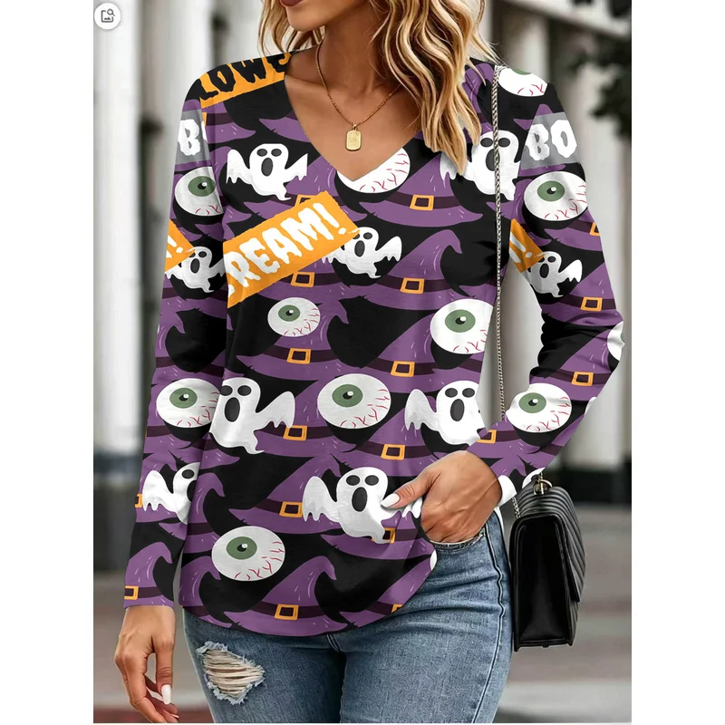 Comfortable skin-friendly and slimming women's Halloween printVCollar Long SleeveTT-shirt casual wear top