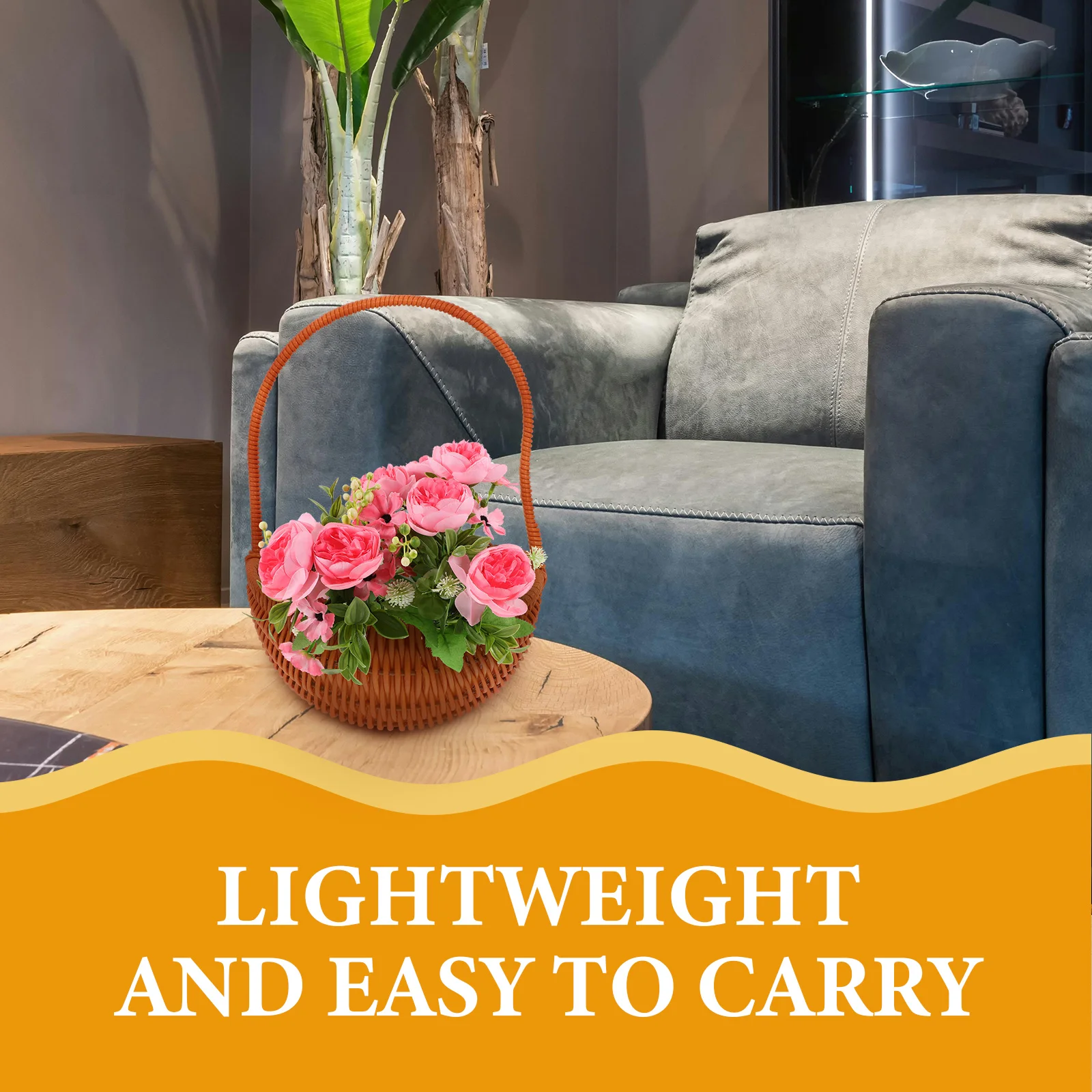 

Plastic Hand-Woven Faux Rattan Basket Handle Lightweight Portable Garden Vegetable Harvest Flower Gathering Storage Organizer