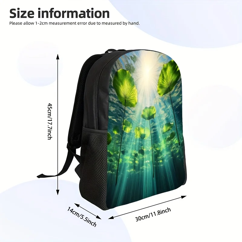 

A stylish black backpack with green, designed with a lotus pattern - adjustable shoulder straps, zip closure, spacious school