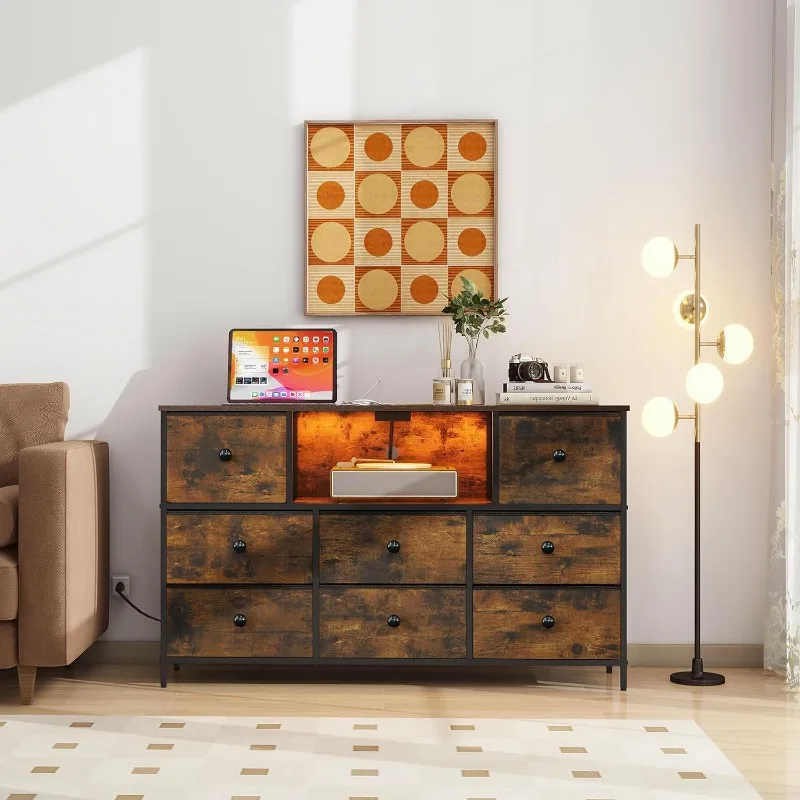 Dresser with Power Outlets and LED Lights, Dresser TV Stand with 8 Drawers, Fabric Chest of Drawers for Bedroom, Living Room