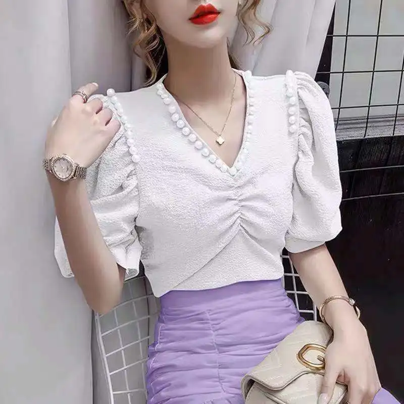 

Summer New Arrival Stylish Women's Chiffon Blouse Pearl V Neck Pleated Bubble Short Sleeves Unique Design Slimming Top​