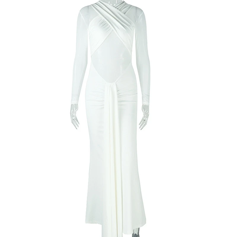 Vestido largo ajustado plisado de Color liso, cuello envolvente, ropa elegante transparente para mujer, diseño elegante, uso diario, ocasión de fiesta