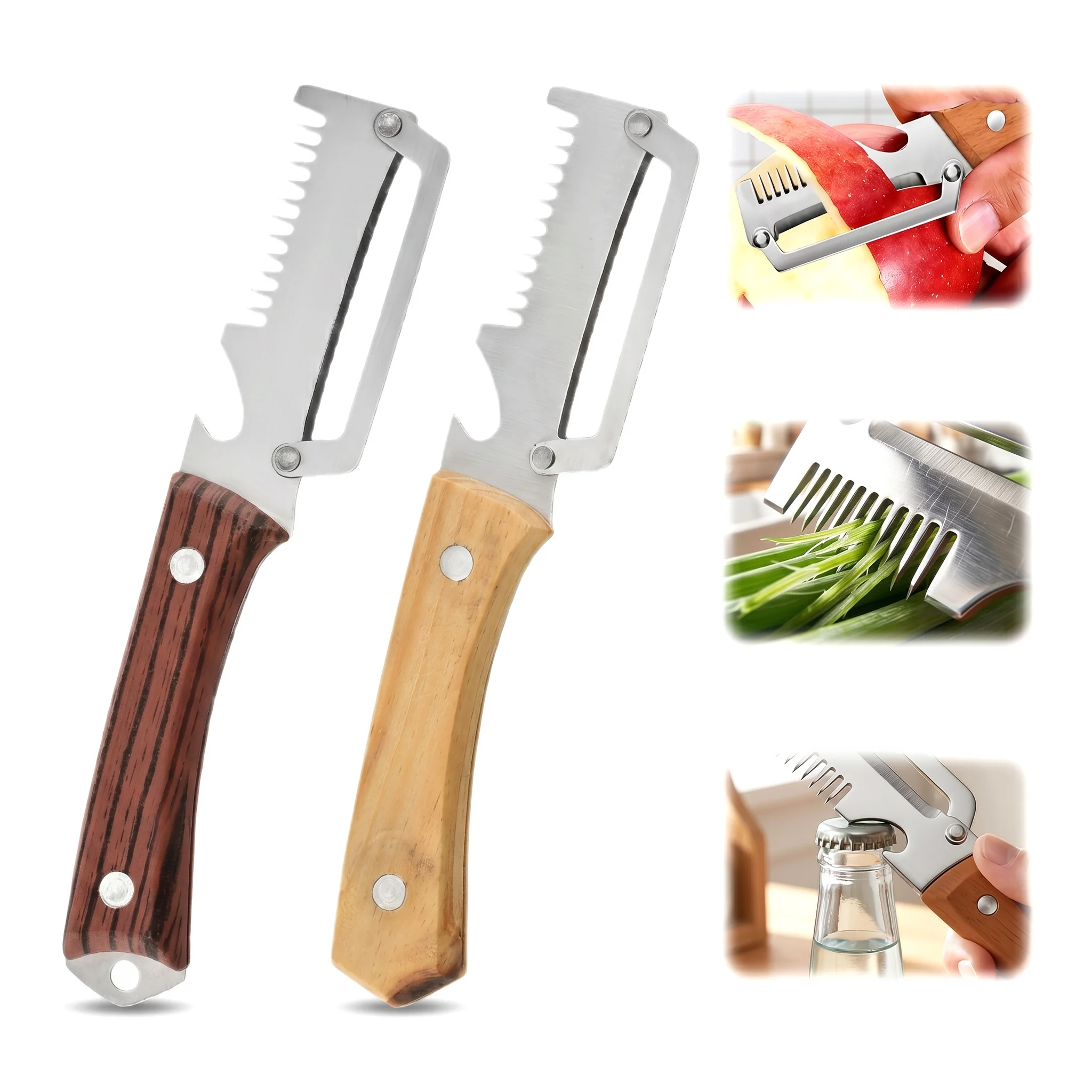 3-in-1 Serrated Peeling Knife Multifunctional Kitchen Tool Vegetable Peeler Scallion Shredder Bottle Opener