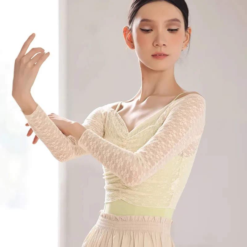 Danzbaby Ballet Practice Dress Women's One Shoulder Mesh Hoodie Lace Short Form Training Dress B221