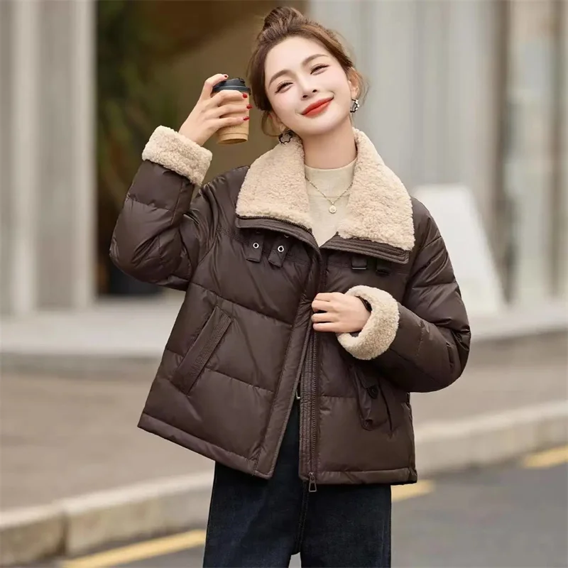Spliced ​​Lamb Hair Pu 스킨 다운 코튼 자켓 여성 겨울 캐주얼 All-Match Thicken Warm Cotton-Padded Parkas 여성 오버 코트