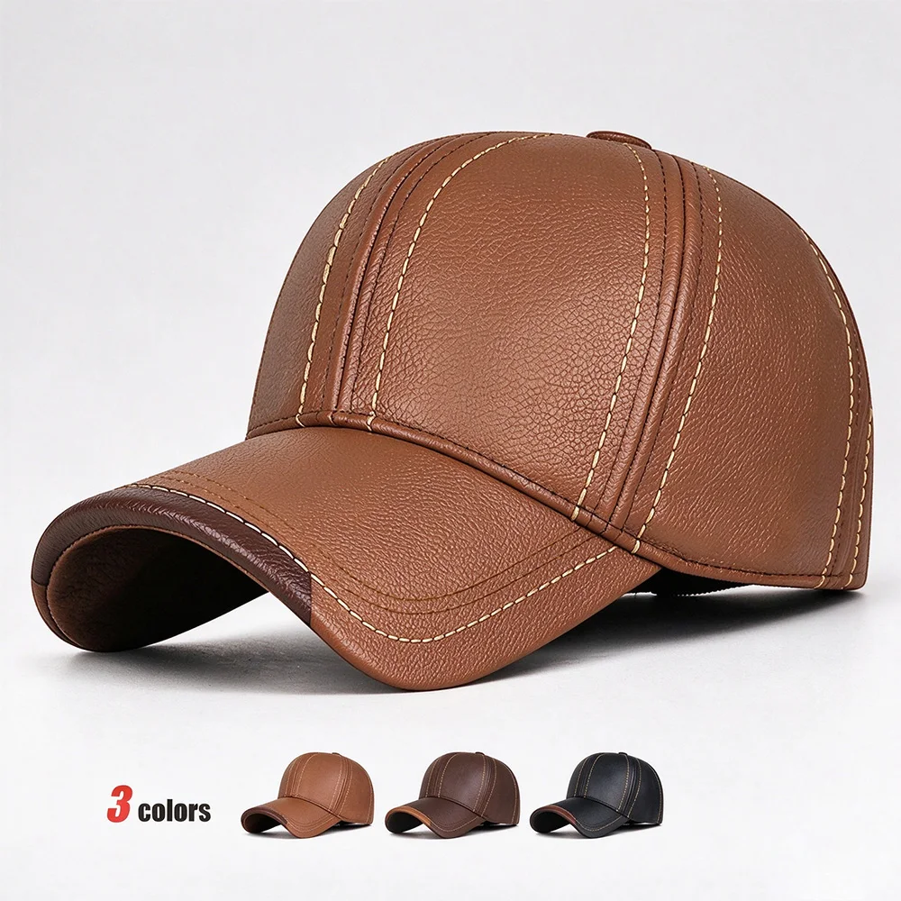 Men Winter PU Leather Baseball Dad Cap, Windproof Fleece Lined Thick Stitch Grain Outdoor Casual Cold Weather Hat
