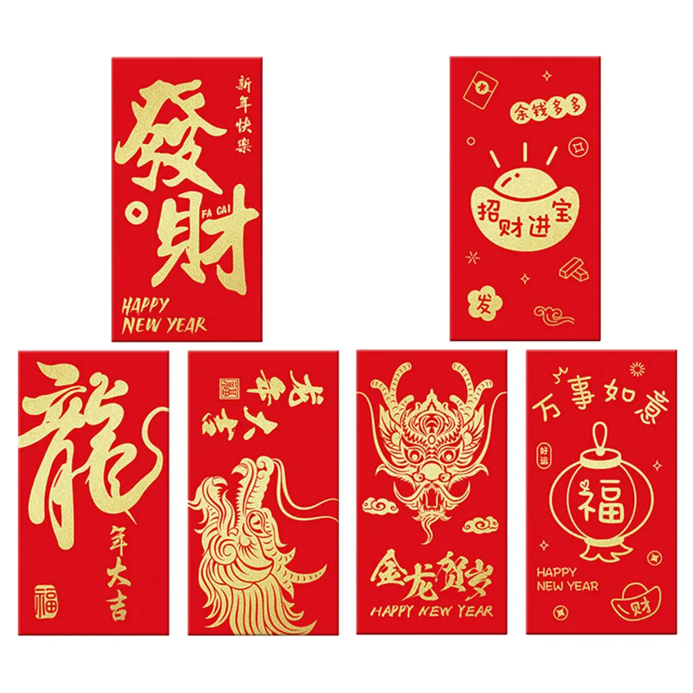 

6Pcs 2024 Dragon Year Red Envelopes Gold Foil Money Bags Thick Paper Red Packets for Spring Festival Wedding Birthday Party