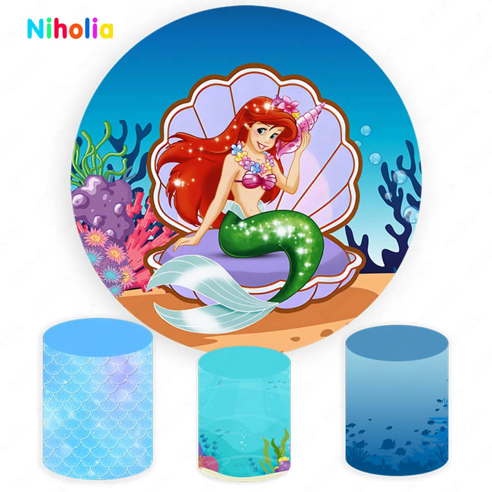 Little Mermaid Princess Round Backdrop Pearly Glittering Shell Girls Birthday Background Cylinder Liner Photography Photo Banner