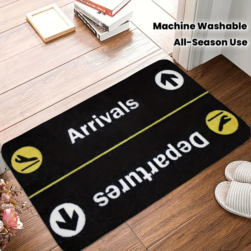 VIKAMA Airport Arrivals Departures Doormat Aviation Plane Sign Black Yellow Non Slip Absorbent Front Entry Floor Mat for Travel