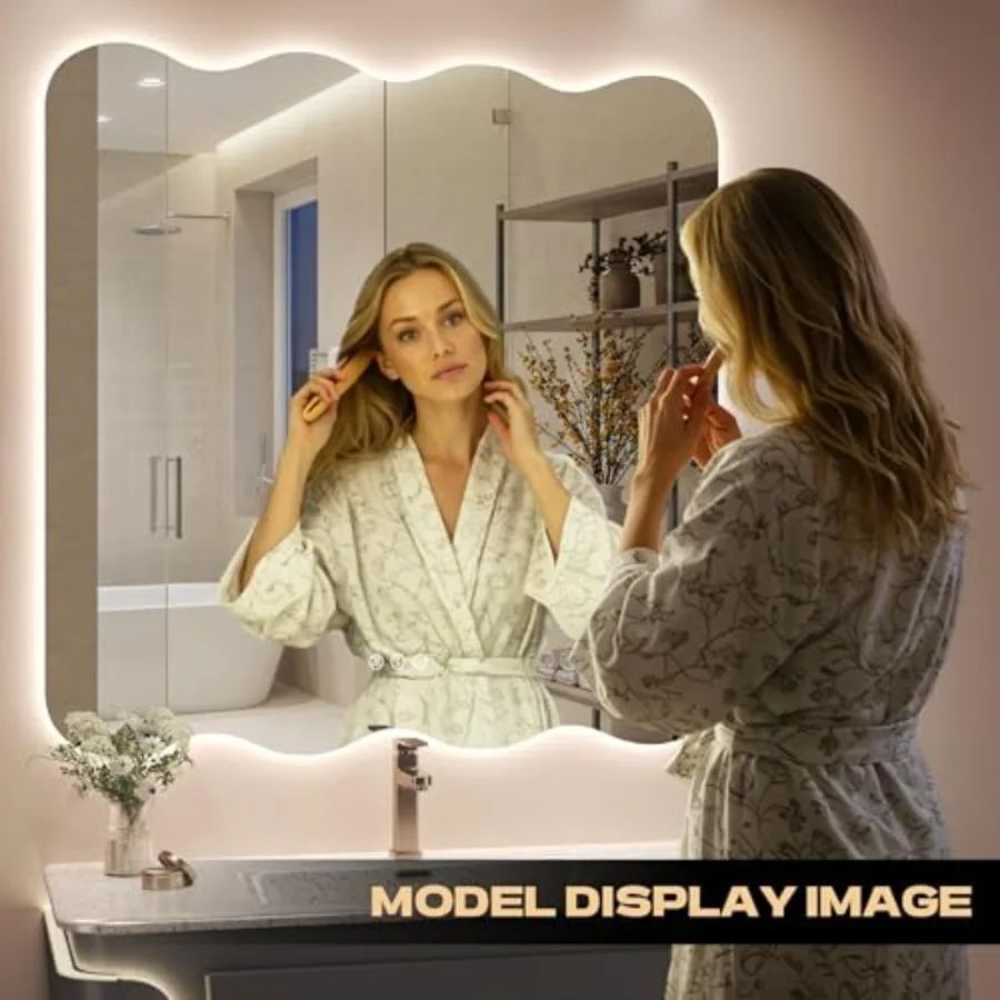 Wavy Full Length Mirror with Lights - 28"×20" LED Wavy Floor Mirror Frameless Dimmable Standing or Vertical/Horizontal Wall-Mou view 5