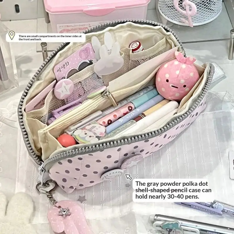 Polka-Dot-Print Federmäppchen in Muschelform, große Kapazität, mehrschichtig unterteilte tragbare Aufbewahrungstasche für Schreibwaren, 1 Stück – Detail 6