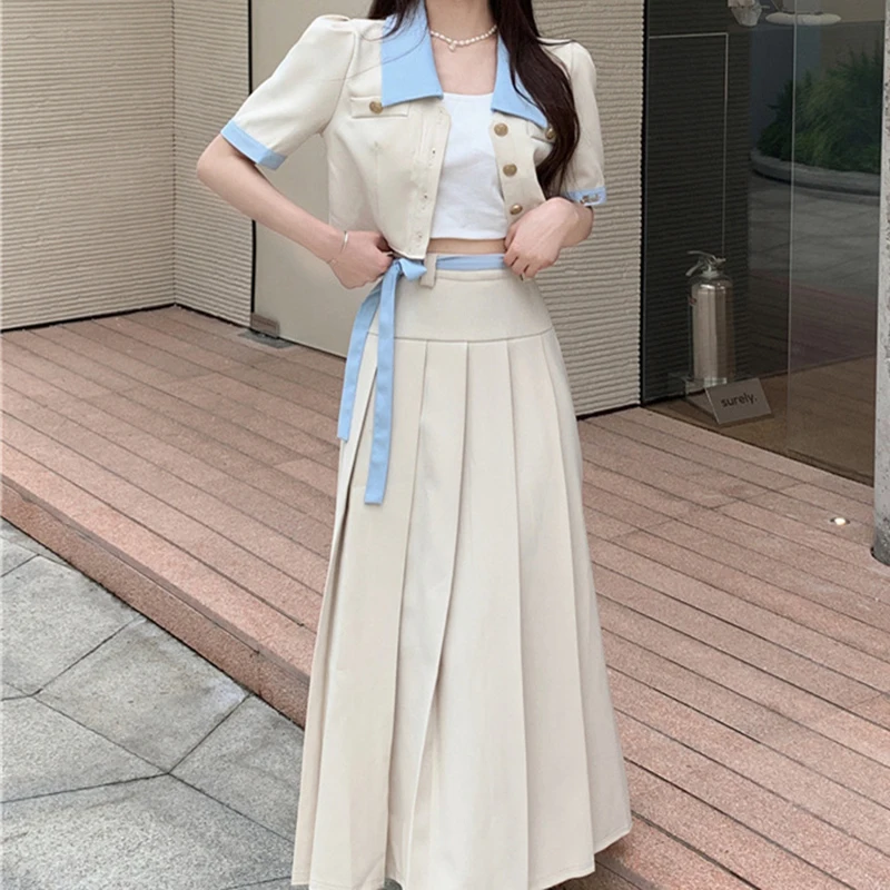 

Two-piece skirt summer new sweet temperament lapel bubble sleeve shirt top female +A skirt two piece sets womens outifits