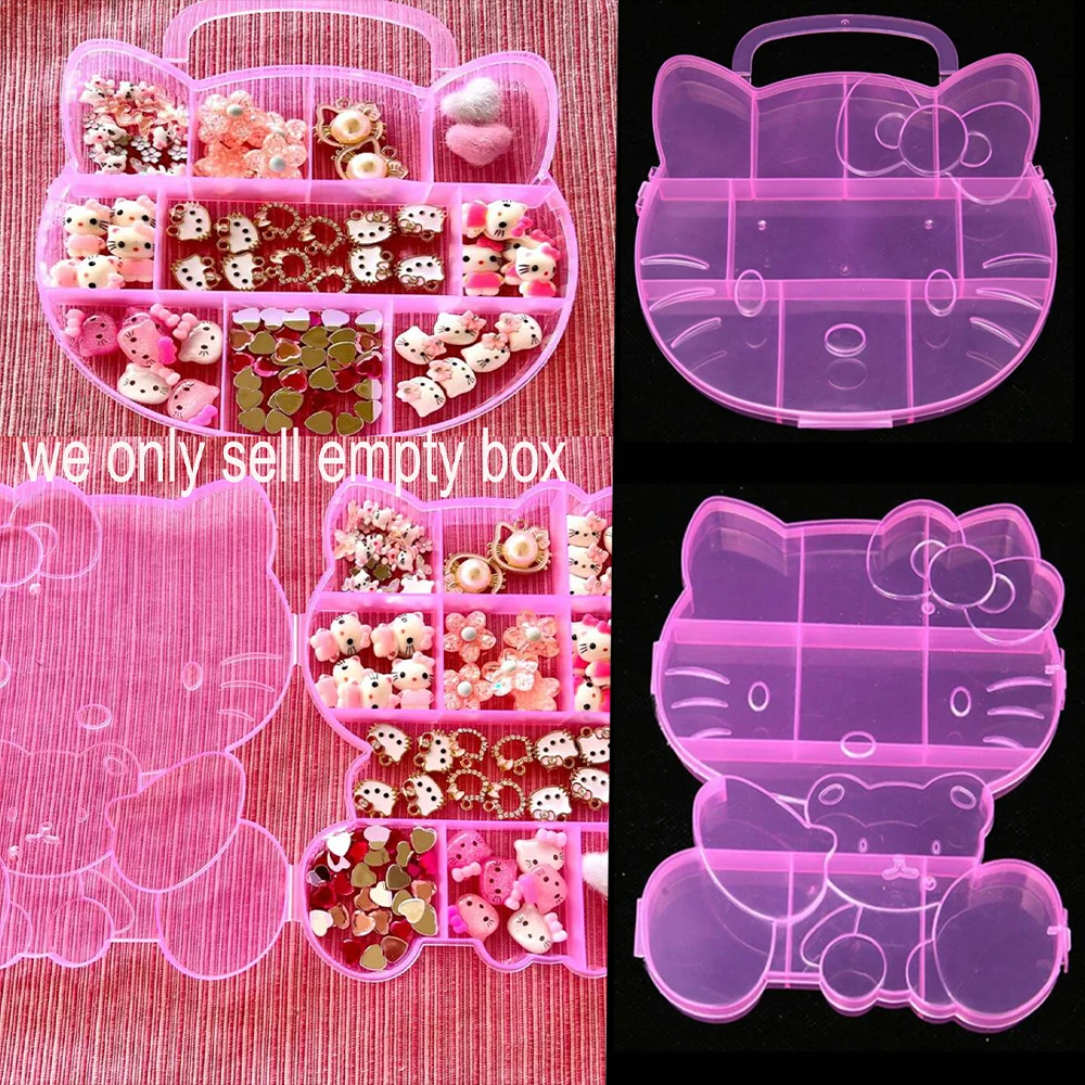 Boîte de rangement vide en forme de Hello Kitty, 1 pièce, avec poignée, chat de dessin animé, boîte à bijoux mignonne, perles à ongles, diamants, strass, étui à breloques