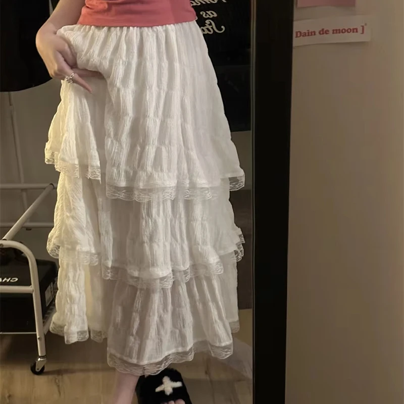

Elegant Women Lace Cake Skirt Summer White Korean Midi Skirt Casual High Waist Female Black Skirt New