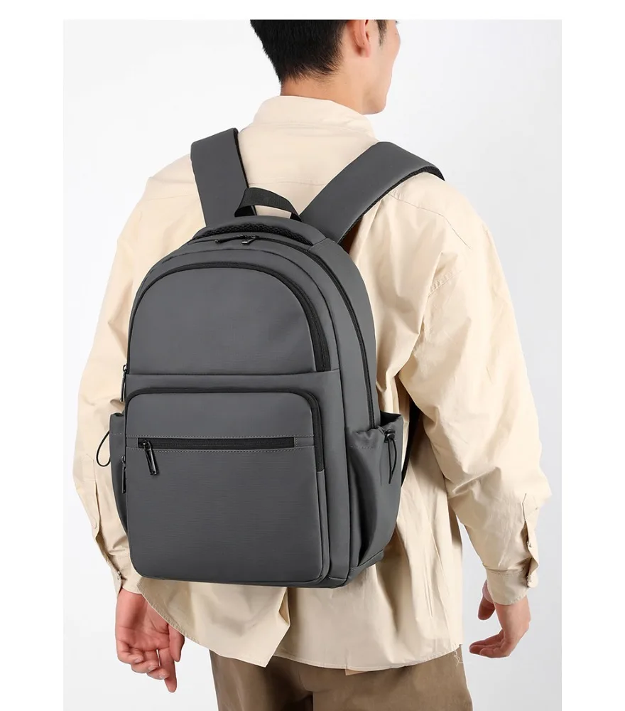Black multi layer front pocket backpack dual side elastic bottle pouches smooth scratch resistant fabric padded back panel