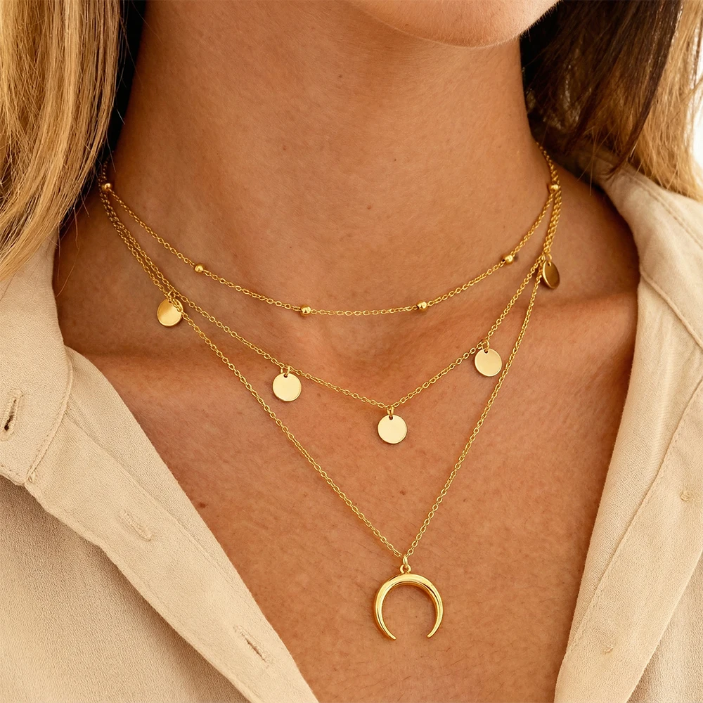 Monkton Fashion Gold Color Layered Necklace For Women Bohemian Moon Pendant With Coin Charms Dainty Multilayer Chain Jewelry