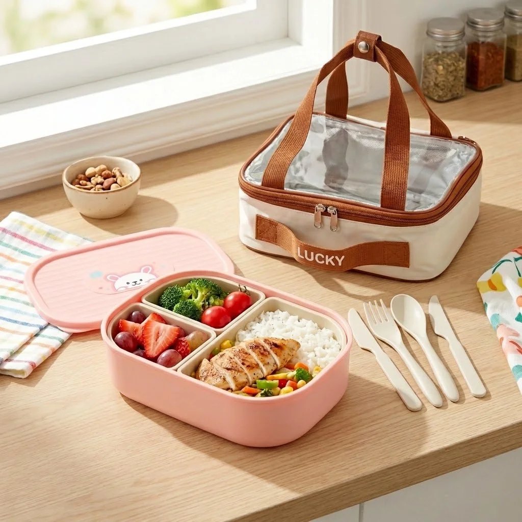 Cute Kids Bento Box for School Office 3 Compartment Plastic Lunch Box Microwavable Divided Meal Prep Food Storage Containers