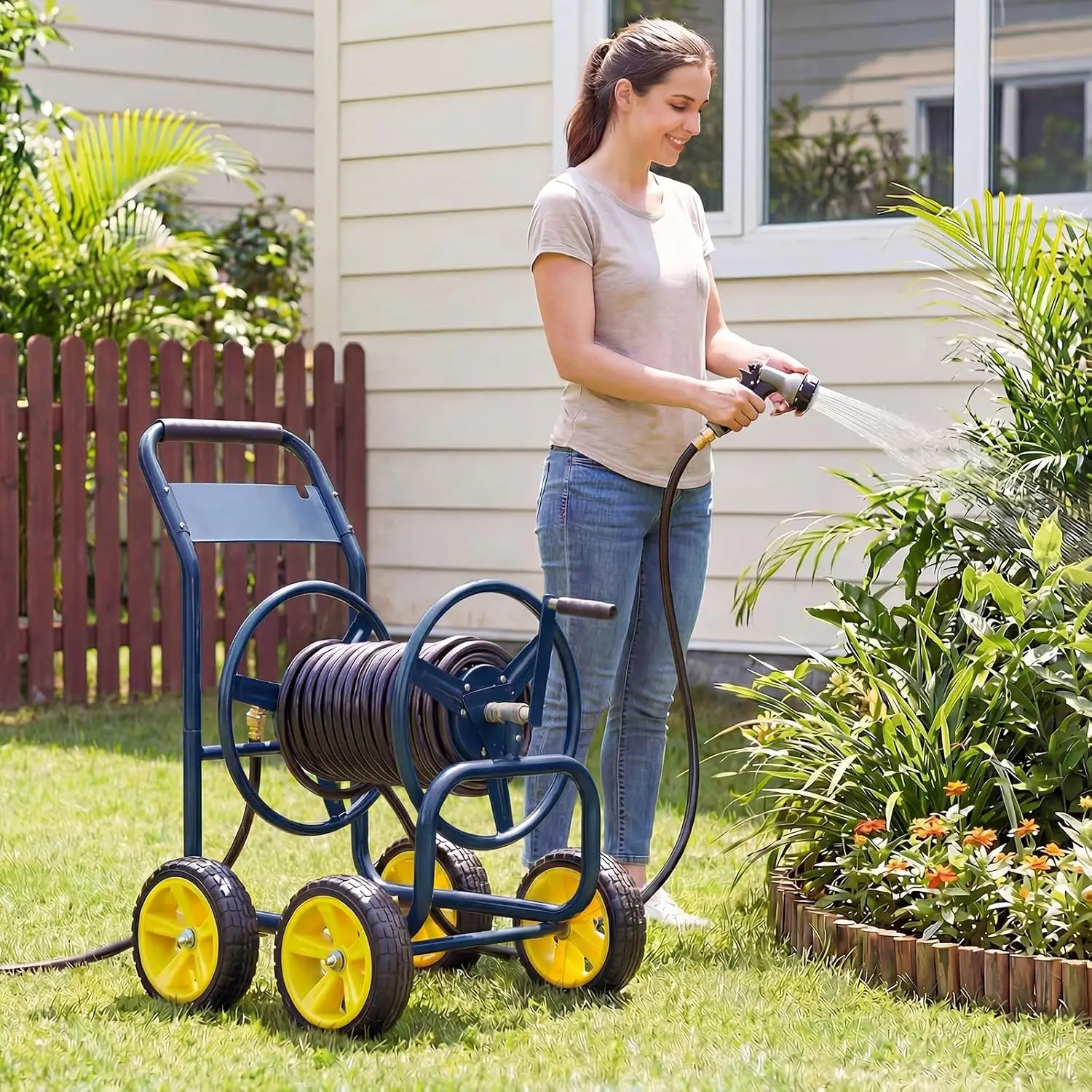 Mobile Garden Hose Reel Cart, Heavy Duty Metal Frame Water Hose Roller Organizer With Four Solid Wheels, High Capacity Outside Watering Winder For Yard Lawn Patio Garage, Navy Blue - view 2