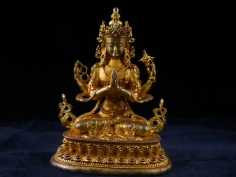 

4.0" Antique Tibetan Bronze W/gilt *4Armed Avalokitesvara Bodhisattva* Statue