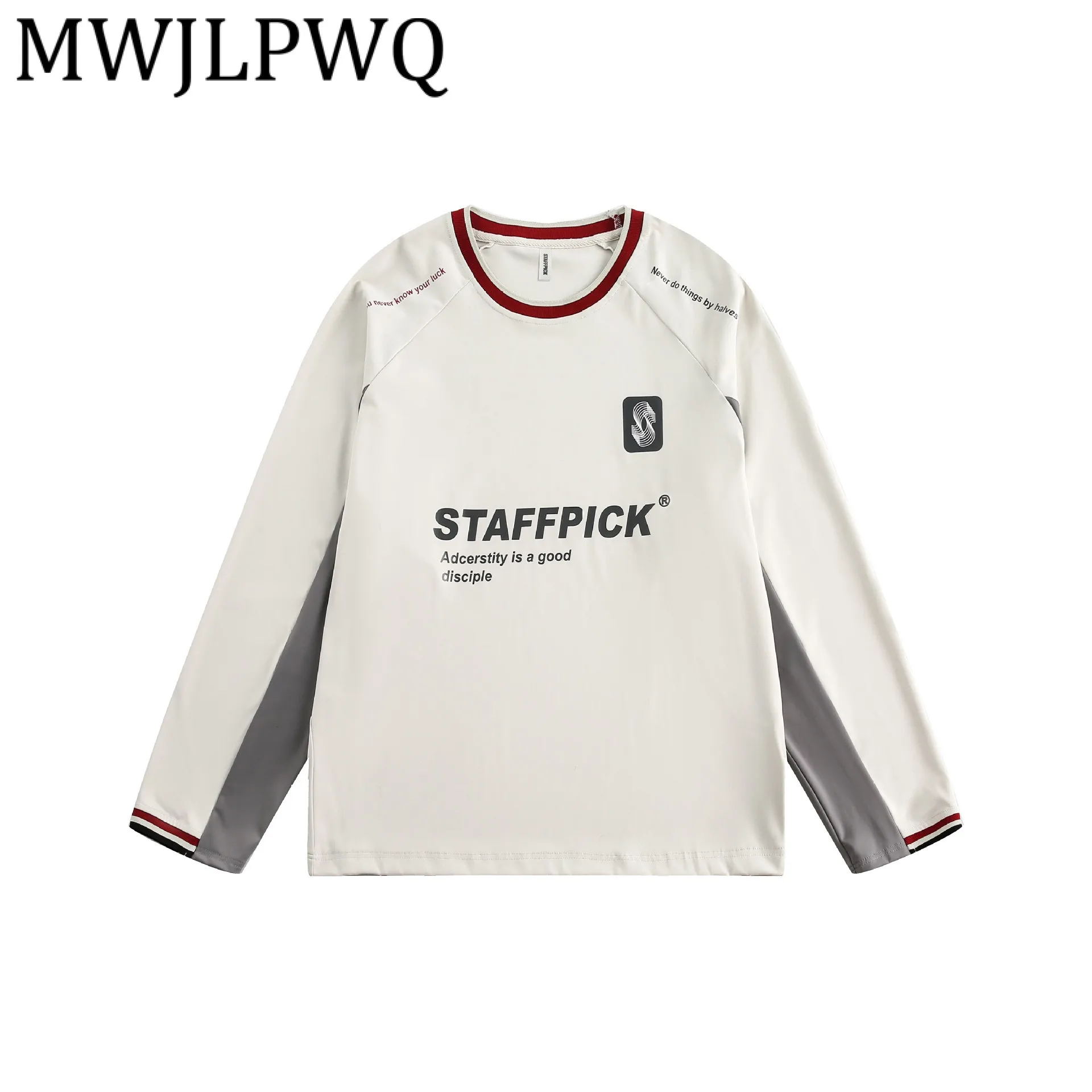 

MWJLPWQ American Style Color-Block Design Long Sleeve T-Shirt Male Round Collar Simple Loose Tops Modish 2025 Autumn New 12573