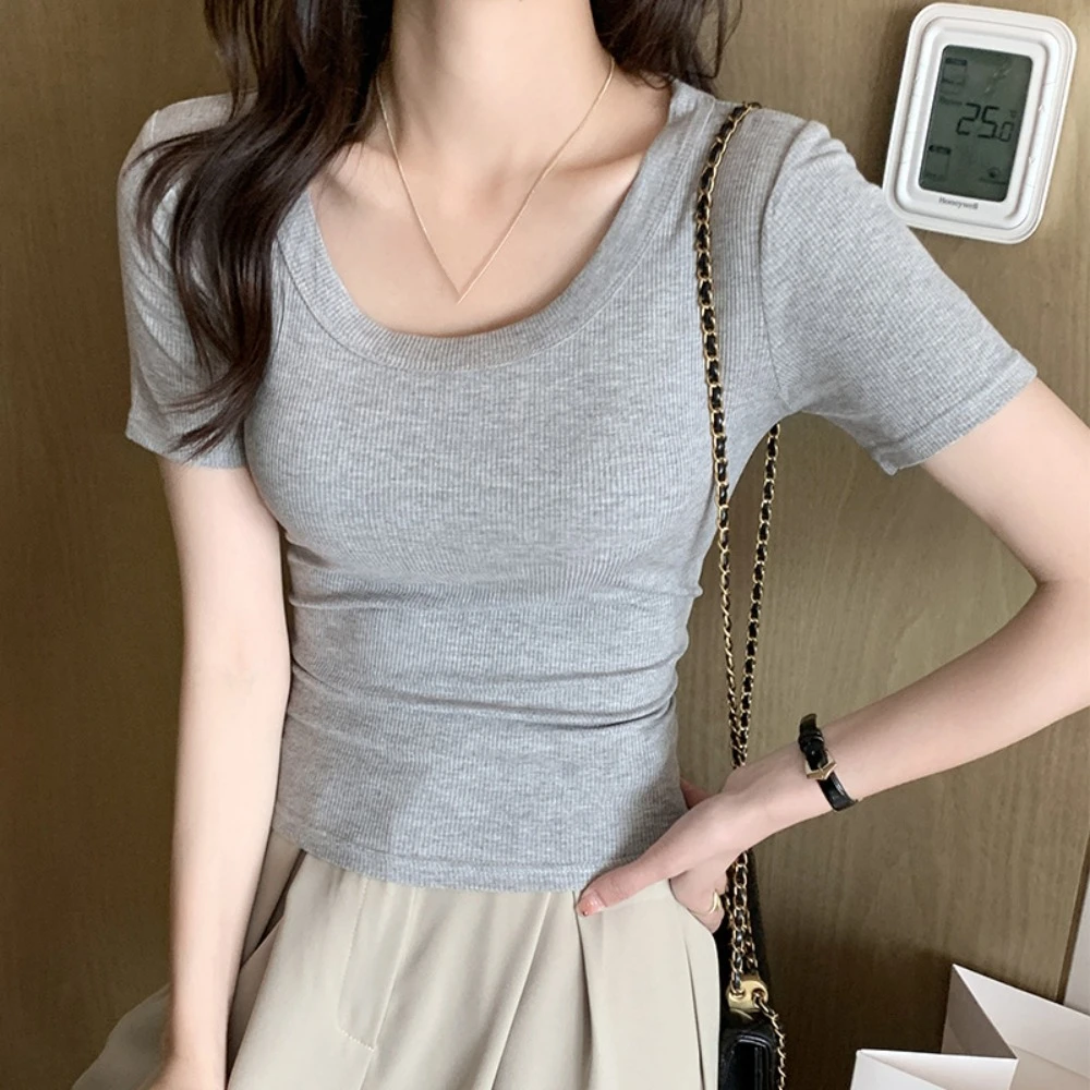 

Slim Korean Y2K Crop Tops Round Neck Solid Color Black White Grey T-shirt Breathable Short Sleeves Slim Short T-shirt Ladies