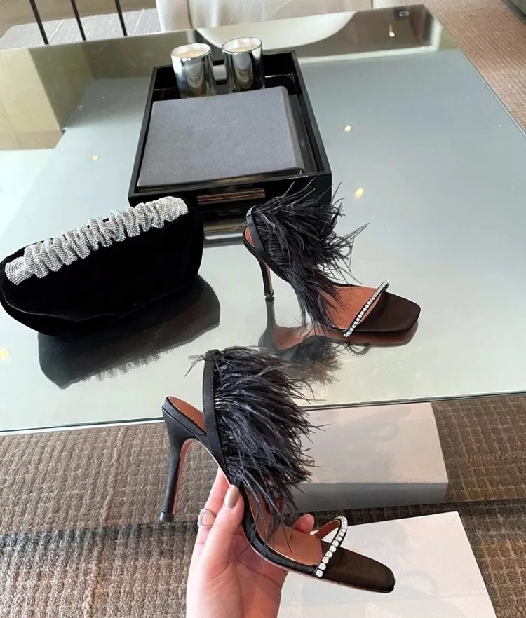 

Black Satin Designer Shoes Women Luxury Rhinestone High Heels Slingback Pumps Feather Stiletto Sexy Female Party Dress Sandals