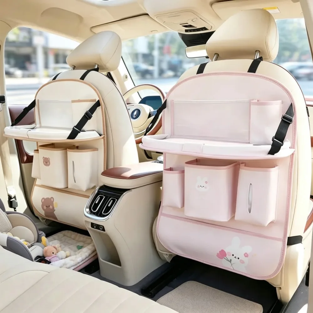 Leather Car Seat Back Organizer Multi Function Storage Bag Foldable Tray Table Anti Kick Pad Auto Interior Accessories