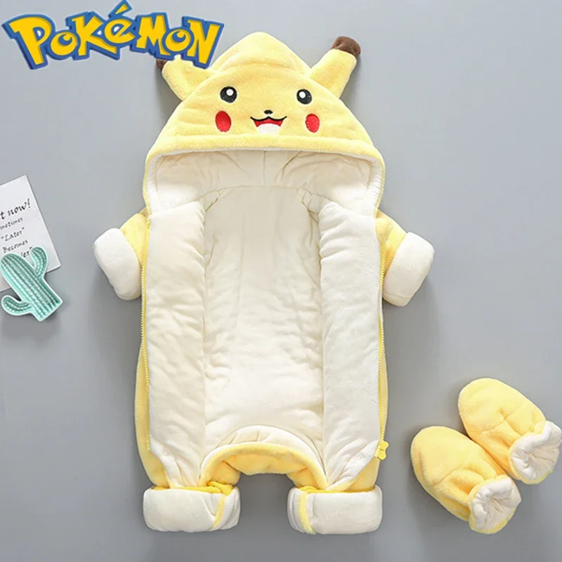 Pokemon Pikachu children\'s one-piece clothes winter baby out warm plus velvet Kawaii Japanese animation around birthday gift