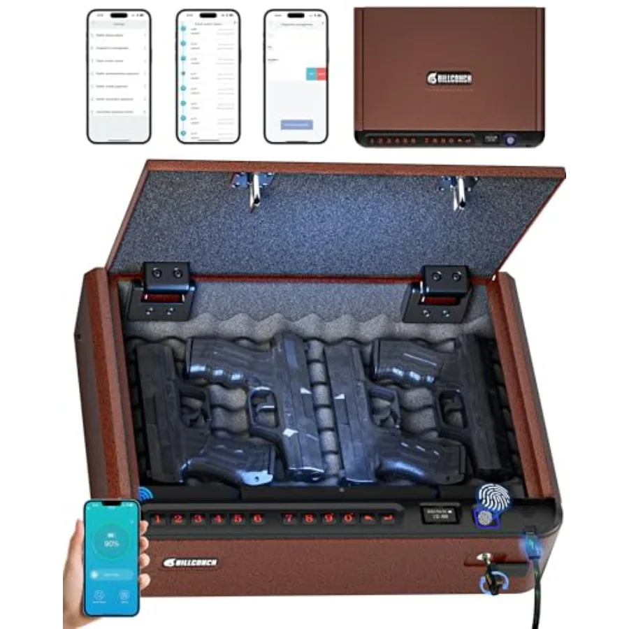 

Умный сейф для оружия с защитным тросом - Биометрический сейф для пистолетов с 4 способами быстрого доступа: отпечаток пальца/кодовая панель/ключ/приложение.