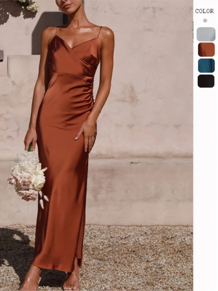 Vestidos sexis ajustados con tirantes finos de Color liso para mujer con cuello en V y pliegues sin espalda paquete ceñido al cuerpo a la cadera vestido con abertura Vestidos de fiesta a la moda