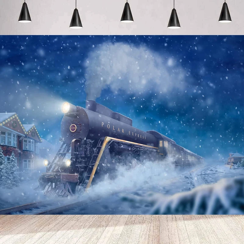 

Polar Express Old Train Photography Backdrop Christmas Train Snowy Night Landscape Background Wall Train Theme Xmas Party Decor