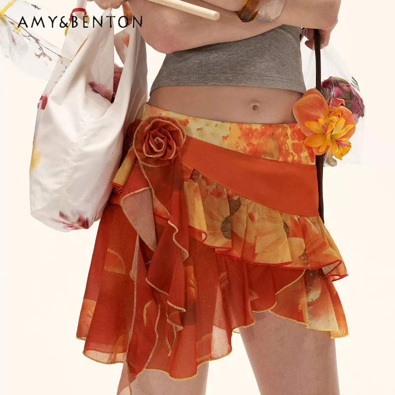 

Holiday Style Orange Flower Print Women's Short Skirt 2026 Summer New Fashion Temperament Irregular Layered Short Skirts Ladies