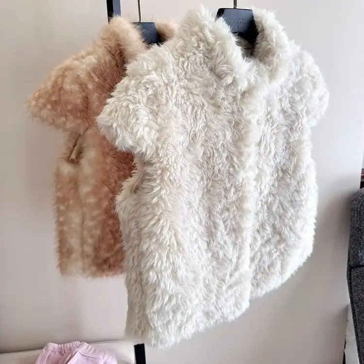 Autumn Winter Women Stand Collar Animal Deer Dot Faux Mink Fur Short Sleeve Coat Shaggy Waistcoat Short Cape Outerwear