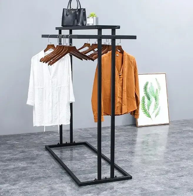 shelf floor clothing store display stand. Double row side shelf parallel bars side hangers