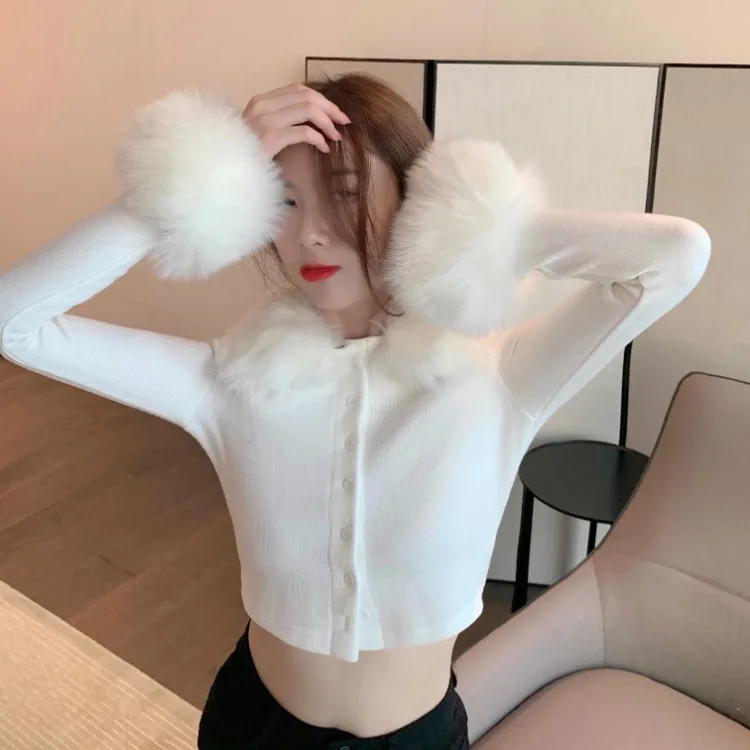 

Fashion Detachable Fur Collar Collar Sweaters 2025 Autumn Winter Sweaters Tops Women Y2k Slim Fit Long Sleeve Cardigan Coat