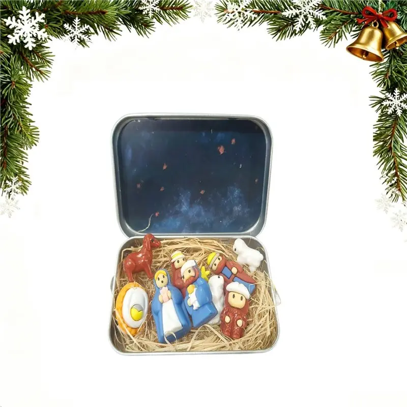 SHGO-Handcrafted Mini Christmas Nativity Set In A Tin Box, Portable Figurine Scene For Desk, Office, Home